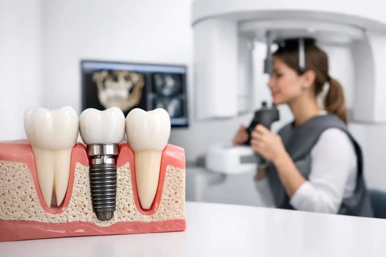 impianto-dentale-con-cone-beam-perche-cambia-featured-1280x853 Primo piano di un modello di impianto dentale che mostra un impianto dentale nella gengiva e nell'osso. Sullo sfondo, una donna si sottopone a una radiografia dentale con un'apparecchiatura medica.