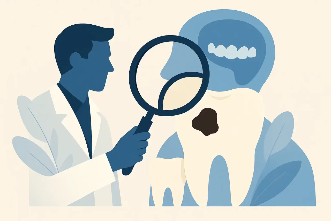 Illustrazione di un dentista che esamina un grosso dente con una lente di ingrandimento, evidenziando una macchia scura che indica una carie. Il dentista e l'immagine sono rappresentati in tonalità blu.