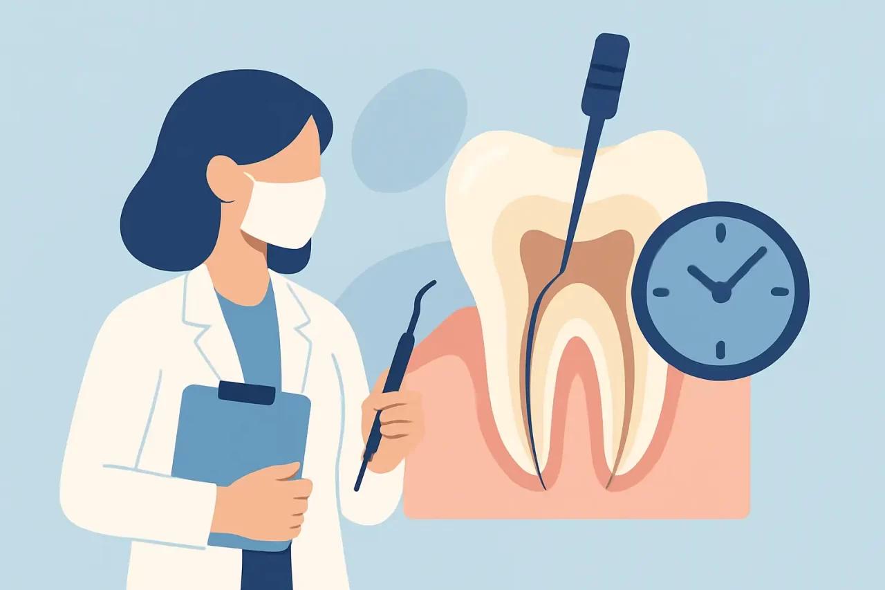 Illustrazione di un dentista in camice bianco e mascherina con in mano una cartellina e uno strumento dentale, in piedi accanto a un grande diagramma di un dente, strumenti dentali e un orologio sullo sfondo.