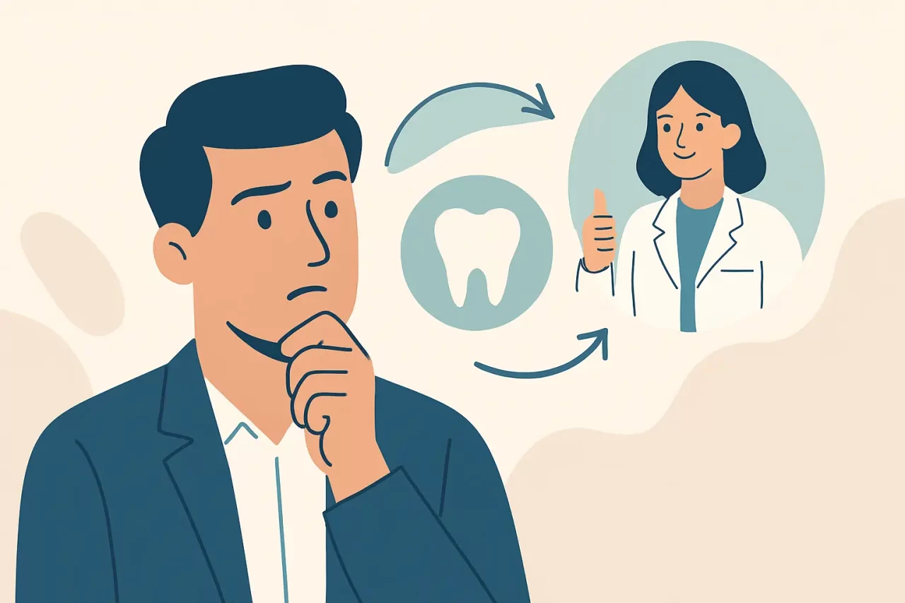 Illustrazione di un uomo in giacca e cravatta che pensa, con frecce che lo collegano a un dente e una dentista donna che alza il pollice, a simboleggiare una decisione o una consultazione sulle cure dentali.