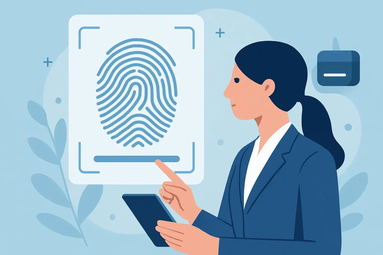 Illustrazione di una donna in tailleur che tiene in mano un tablet e indica una grande impronta digitale su uno schermo digitale, suggerendo l'autenticazione tramite impronta digitale o la tecnologia di identificazione biometrica.