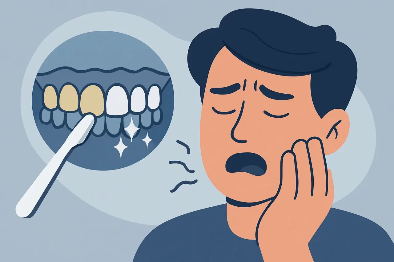 Illustrazione di una persona che si tiene la mascella per il dolore, con un inserto che mostra lo sbiancamento dei denti con una striscia sbiancante, evidenziando il contrasto tra denti gialli e bianchi.