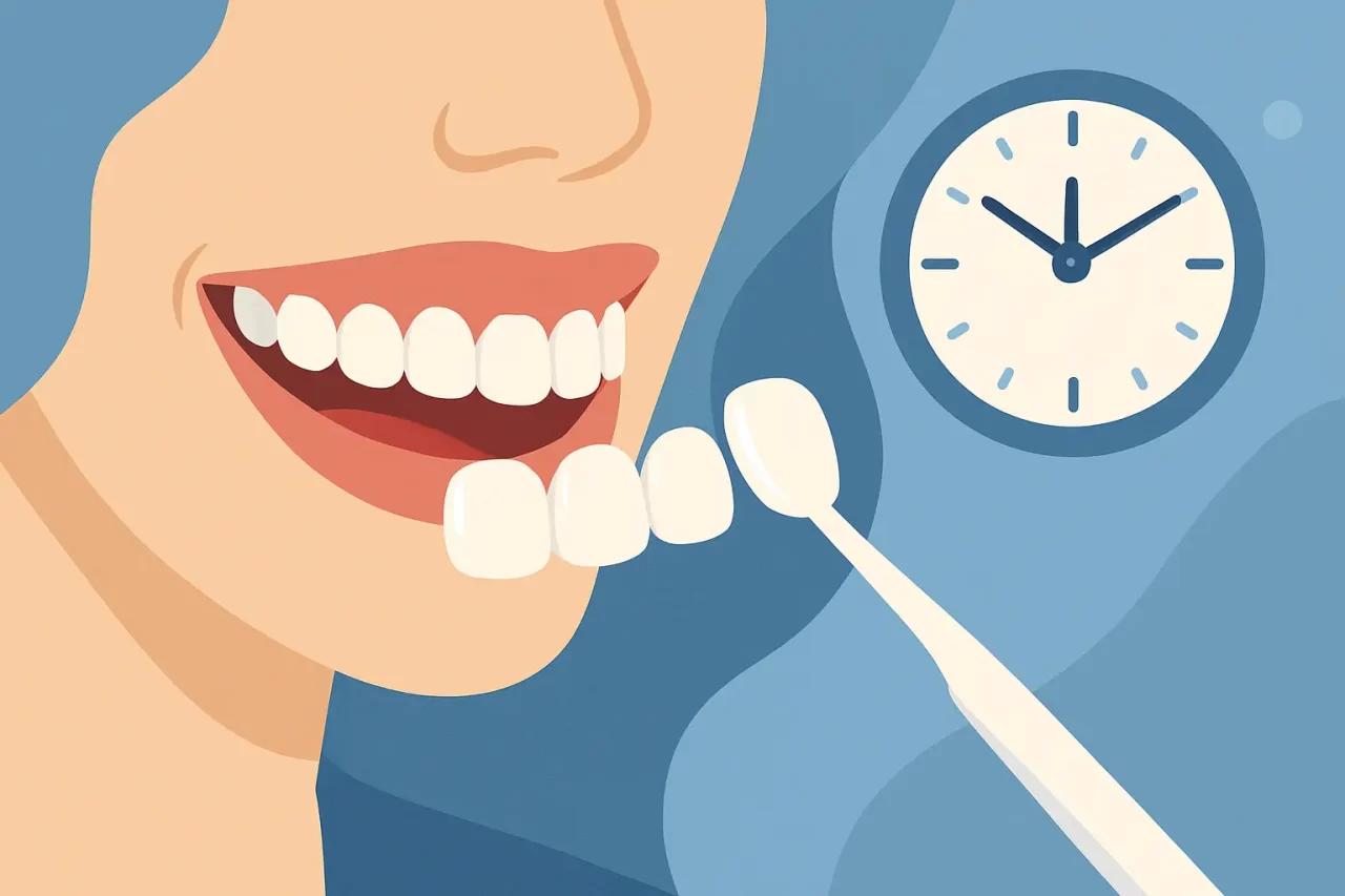 Illustrazione di una persona sorridente che tiene le faccette dentali davanti ai denti, con un orologio sullo sfondo, a rappresentare il trattamento dentale o l'odontoiatria estetica.