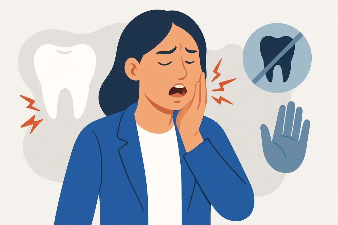 Illustrazione di una donna con una giacca blu che si tiene la guancia per il dolore, con linee rosse che indicano il mal di denti. Dietro di lei ci sono immagini di denti e il simbolo di una mano con un dente sbarrato, che suggeriscono problemi dentali o dolore ai denti.