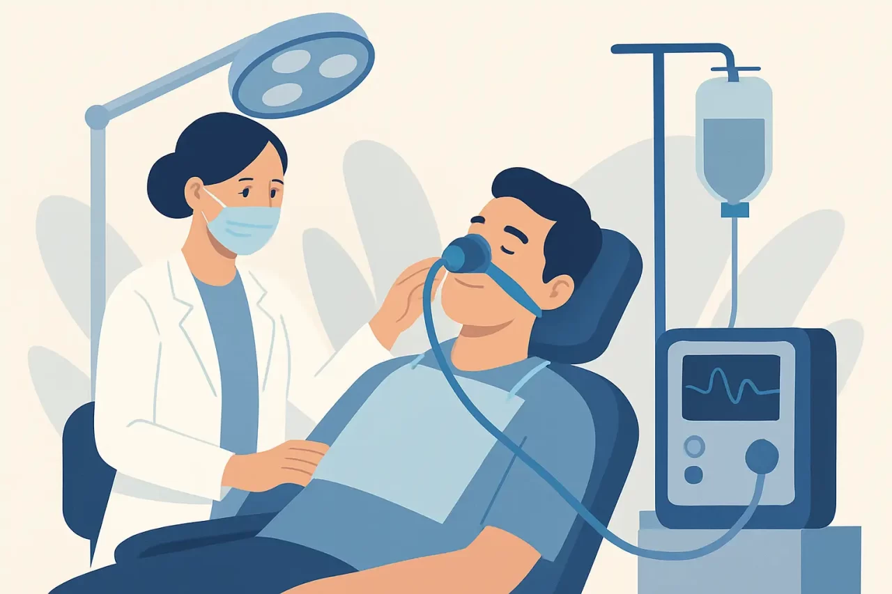 Un dentista che indossa una mascherina si occupa di un paziente sdraiato su una poltrona odontoiatrica, che riceve l'anestesia attraverso una maschera nasale. Nella stanza sono visibili apparecchiature mediche e una flebo.