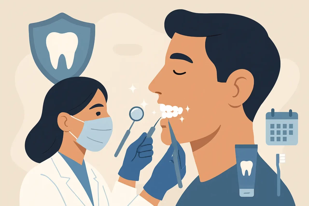 Un dentista con guanti e mascherina esamina i denti di un paziente sorridente con strumenti dentali. Sono raffigurati un dentifricio, uno spazzolino, un calendario e l'emblema di un dente che simboleggia la cura dei denti.