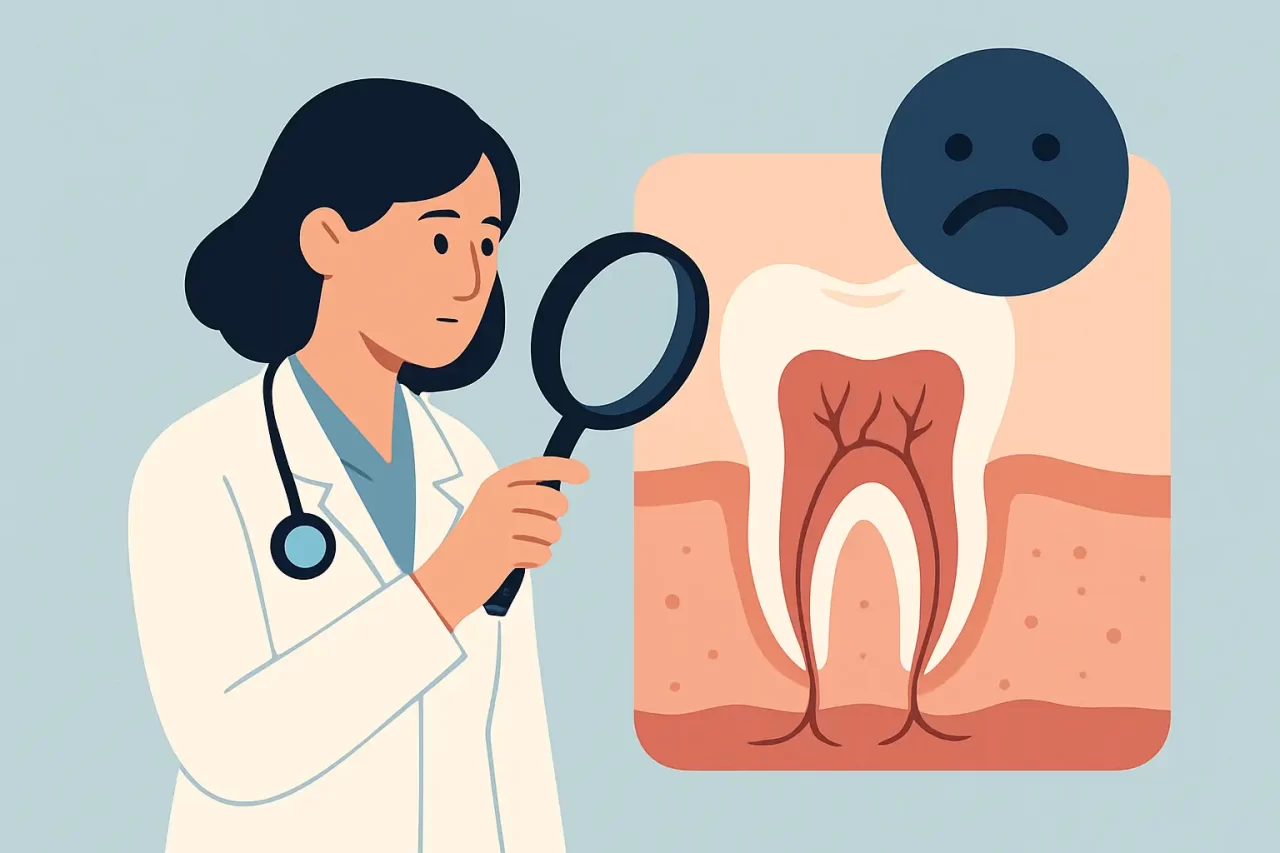 Un dentista con la lente d'ingrandimento esamina il diagramma di un dente con sopra una faccia triste, che indica un problema dentale o un mal di denti.