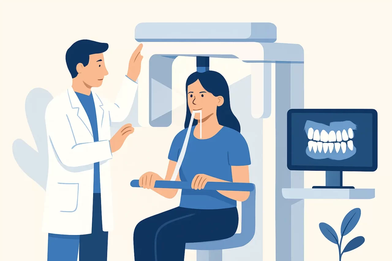 Un dentista in camice bianco assiste una donna seduta che si sottopone a una radiografia dentale panoramica, con il mento su uno scanner e l'immagine dei denti visualizzata su un monitor vicino.