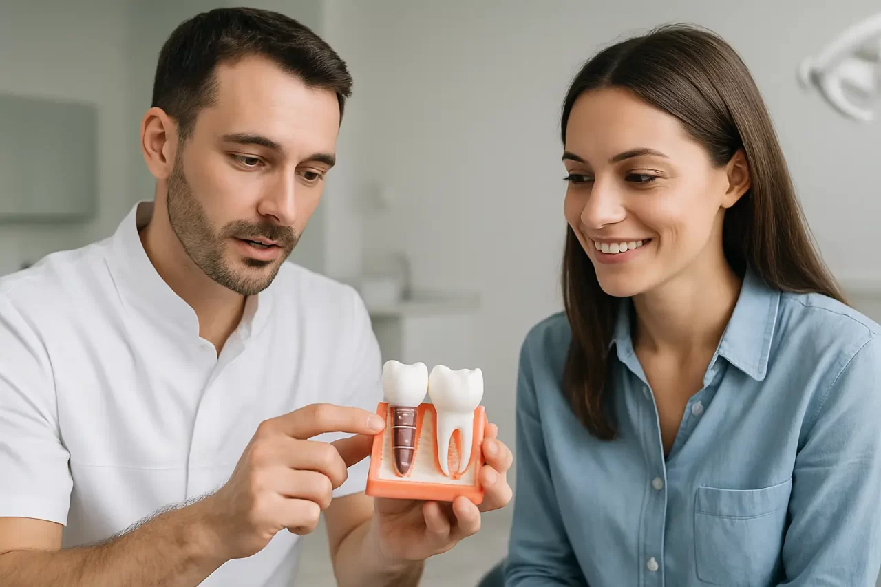 Un dentista uomo spiega gli impianti dentali a una paziente donna sorridente utilizzando un modello di dente mentre sono seduti insieme in uno studio dentistico.