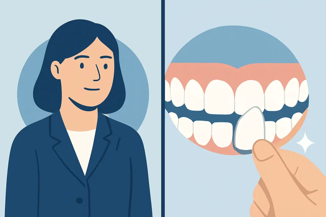Un'illustrazione di una donna in blazer a sinistra e un primo piano di denti con una mano che tiene una faccetta dentale sui denti anteriori a destra.