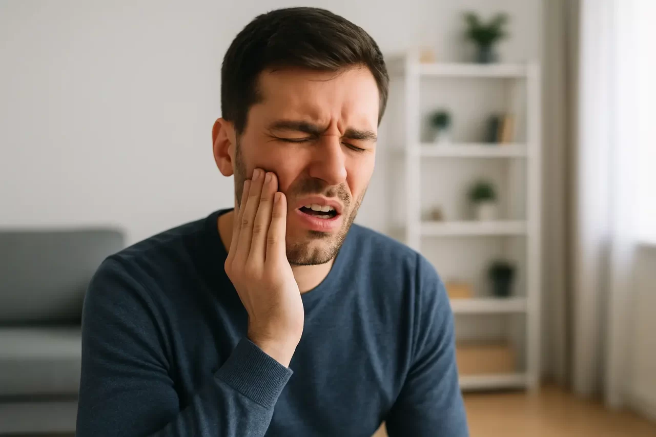 Un uomo con un maglione blu siede in casa, tenendosi la guancia con una mano e trasalendo per il dolore, forse per un mal di denti o un fastidio alla mascella. Sullo sfondo un salotto sfocato.