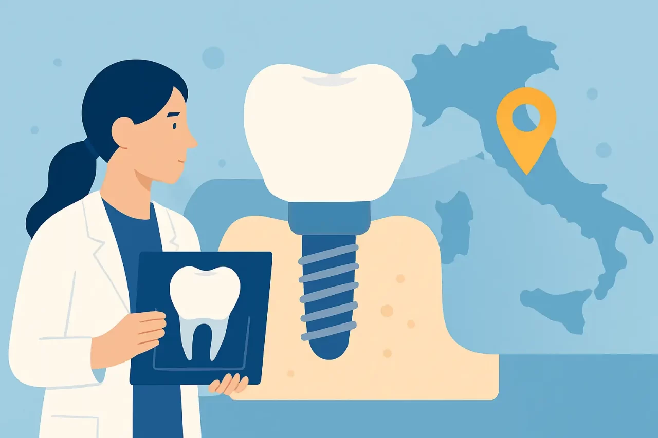 Una dentista donna tiene in mano una radiografia di un dente. Accanto a lei c'è una grande illustrazione di un impianto dentale, con una cartina dell'Italia e uno spillo sullo sfondo. L'immagine suggerisce cure o impianti dentali in Italia.