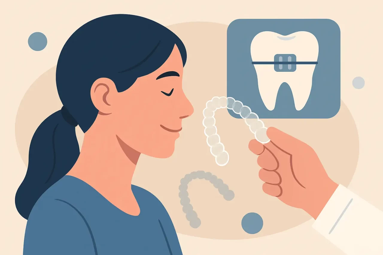Una donna con i capelli scuri sorride mentre la mano di un dentista regge degli allineatori dentali trasparenti. Sullo sfondo, l'illustrazione di un dente con un apparecchio.