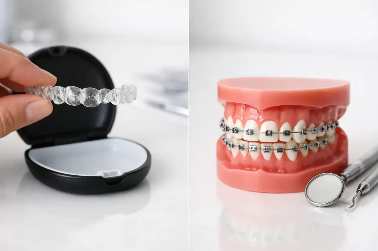 A sinistra, una mano tiene un allineatore trasparente sopra la sua custodia, mentre a destra un modello dentale mostra denti dotati di apparecchi metallici e strumenti dentali.