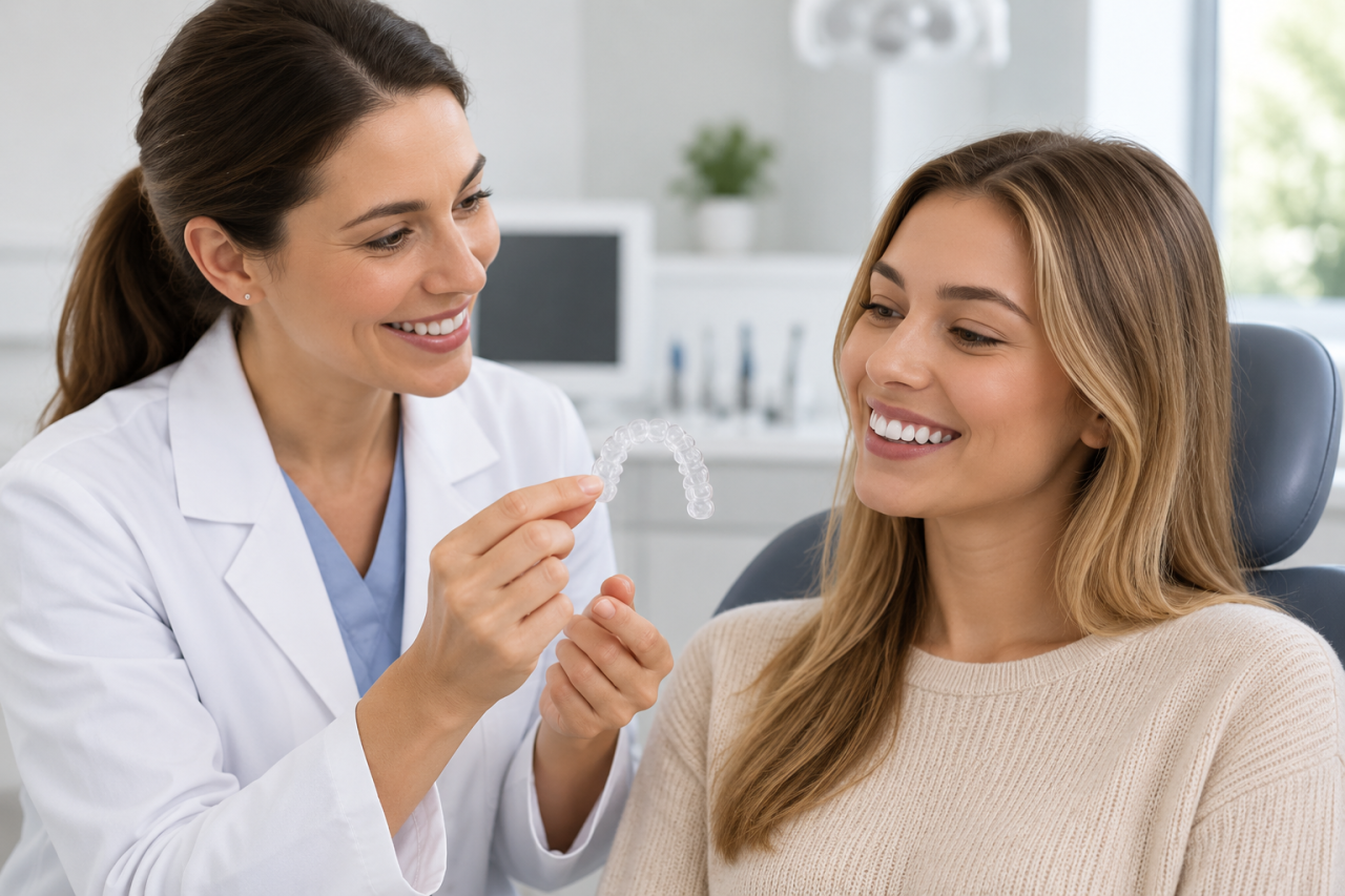 Un dentista in camice bianco mostra un allineatore dentale trasparente a una paziente sorridente, seduta su una poltrona odontoiatrica in uno studio luminoso e moderno.