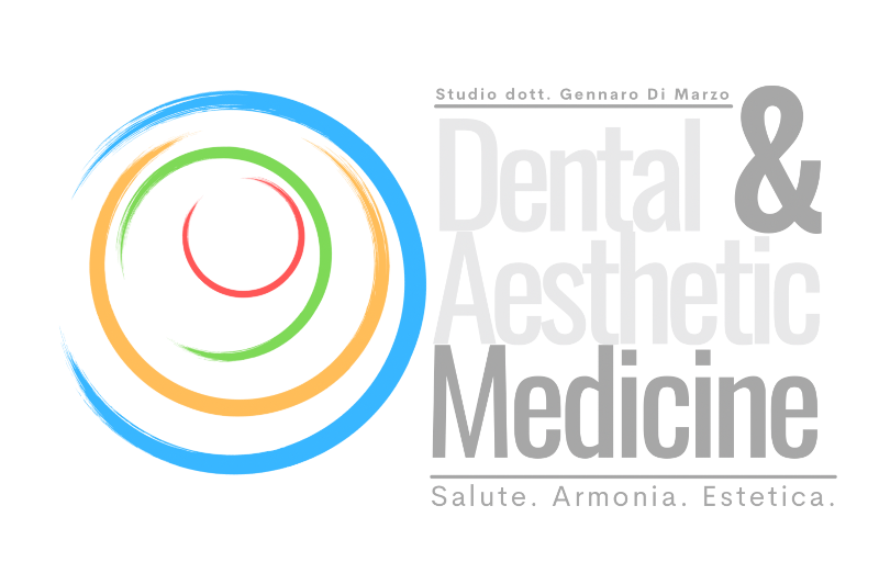 logo_small Logo per Dental & Aesthetic Medicine, caratterizzato da linee circolari colorate e sovrapposte a sinistra e testo grigio a destra. Il sottotesto recita: Salute. Armonia. Estetica. e Studio dott. Gennaro Di Marzo.