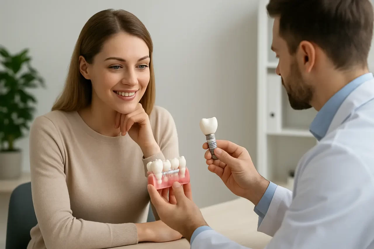 Un dentista mostra un modello di impianto dentale e una parte di impianto dentale a una donna sorridente, spiegando le procedure odontoiatriche durante una consultazione in una clinica.