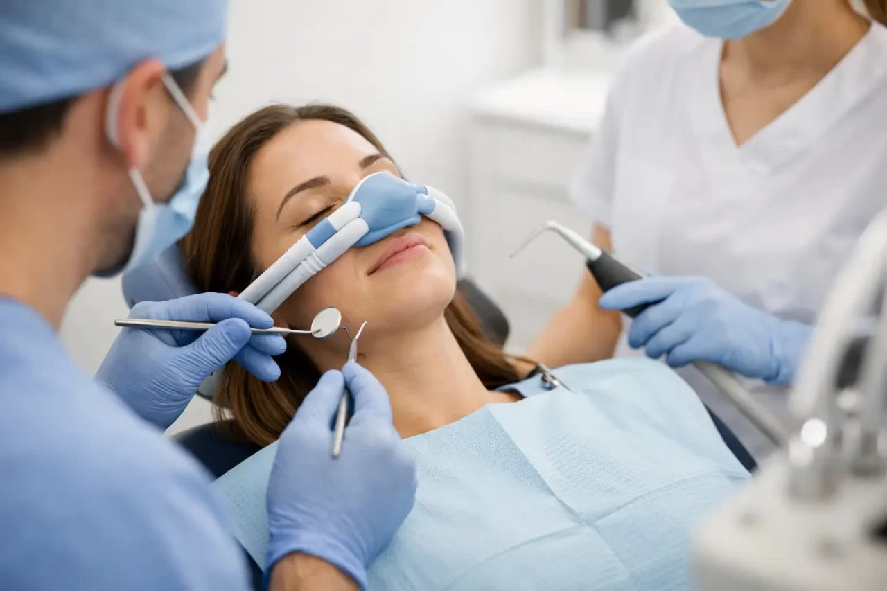 Una donna è sdraiata su una poltrona odontoiatrica con una mascherina di sedazione sul naso mentre due dentisti di Dentista Firenze, indossando mascherine e guanti, eseguono una procedura odontoiatrica utilizzando strumenti dentali specializzati.