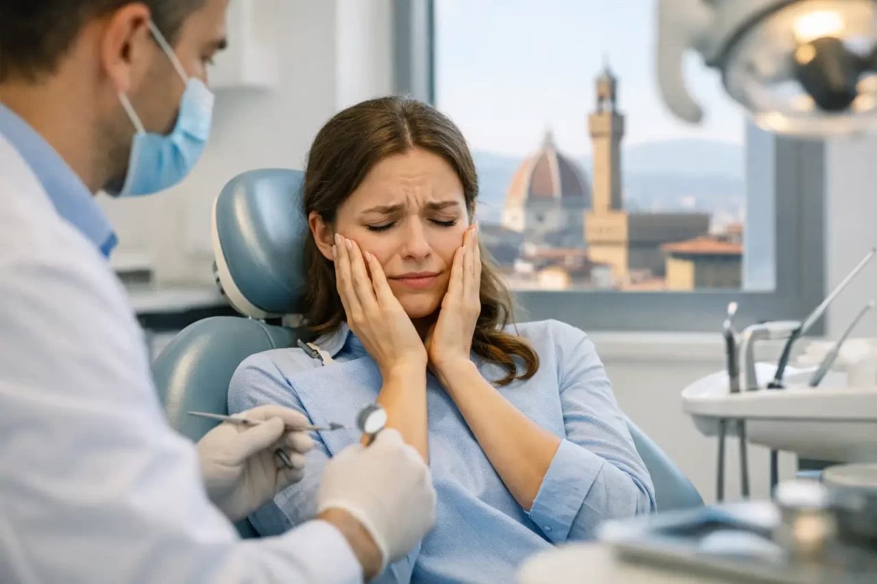 Una donna siede su una poltrona odontoiatrica, tenendosi il viso per il dolore, mentre un dentista con guanti e mascherina prepara gli strumenti dentali. Dalla finestra alle loro spalle si intravede un paesaggio urbano con una cupola simbolo.