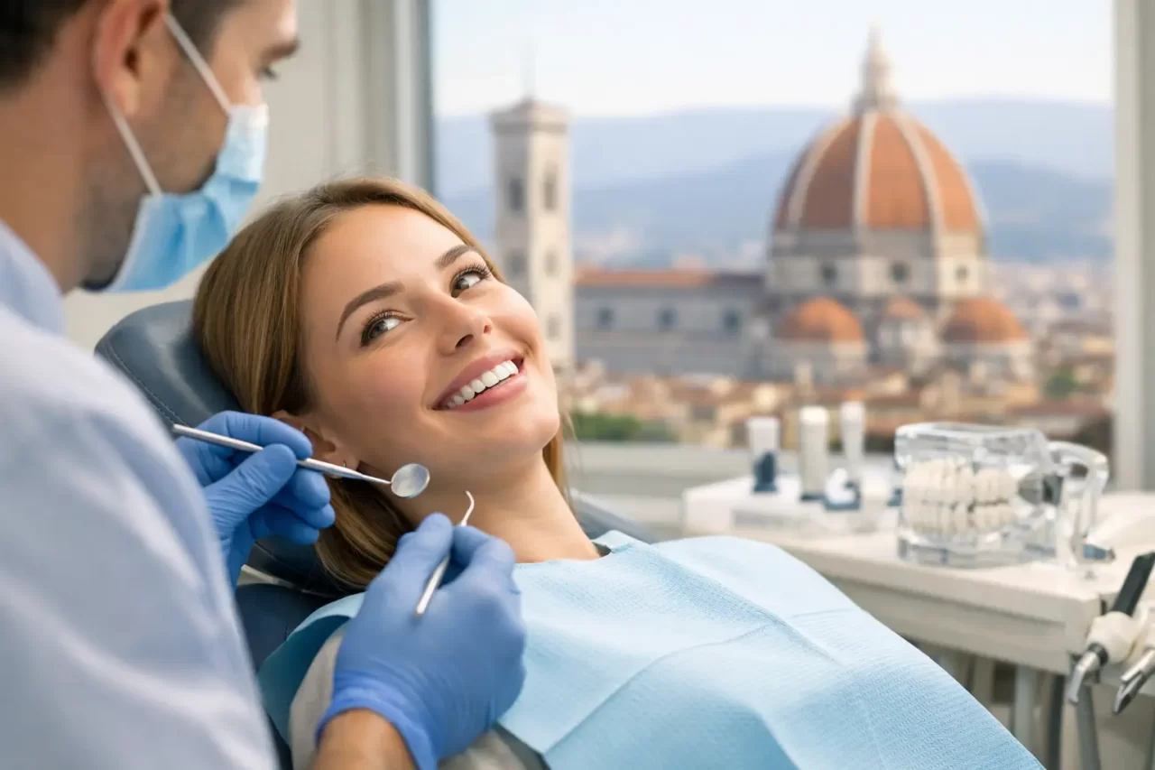 Una donna sorride su una poltrona odontoiatrica mentre un dentista con guanti e mascherina le esamina i denti; un grande edificio a cupola e il paesaggio urbano sono visibili attraverso la finestra sullo sfondo.