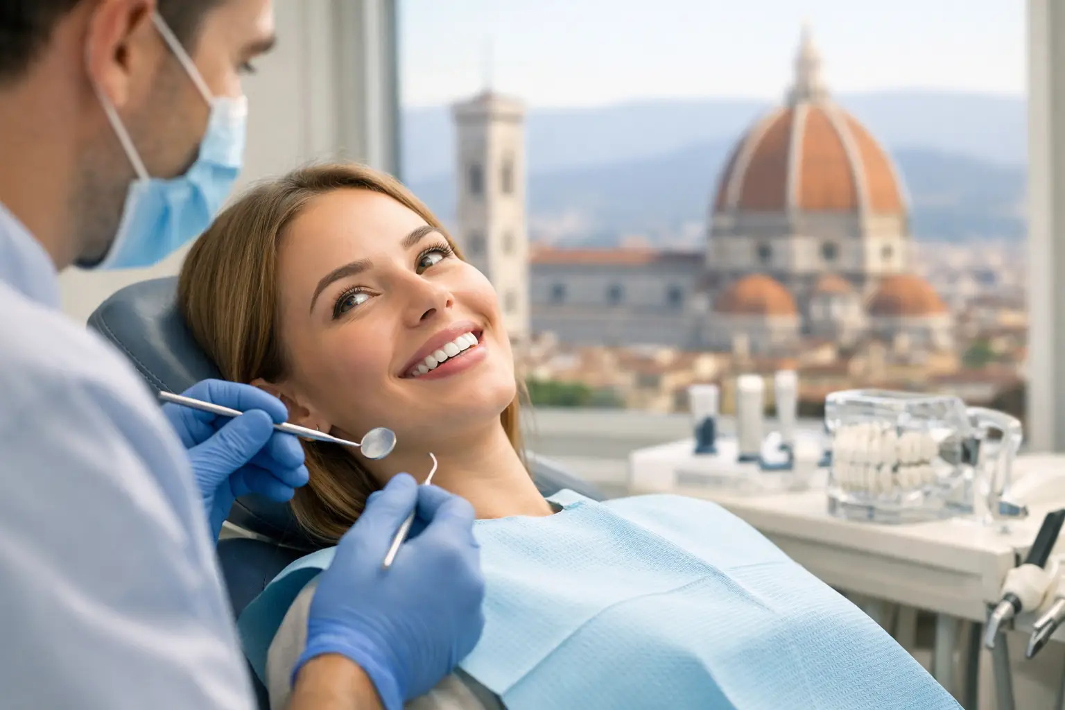 Una donna sorride su una poltrona odontoiatrica mentre un dentista con guanti e mascherina le esamina i denti; un grande edificio a cupola e il paesaggio urbano sono visibili attraverso la finestra sullo sfondo.