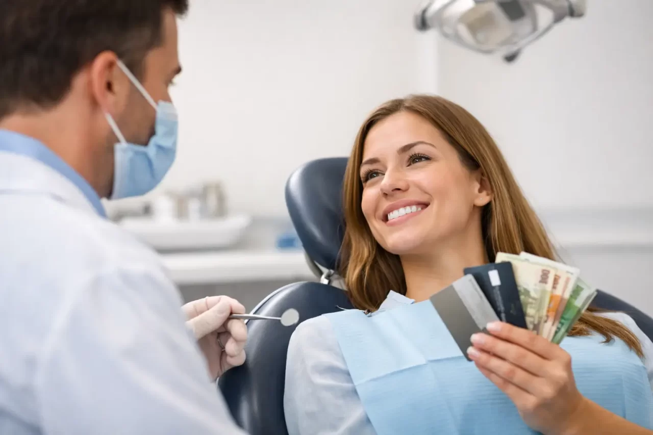 Una donna seduta sulla poltrona del dentista sorride al dentista mentre tiene in mano contanti e carte di credito. Il dentista, che indossa una mascherina e i guanti, ha in mano gli strumenti odontoiatrici. L'ambientazione sembra essere uno studio dentistico moderno.