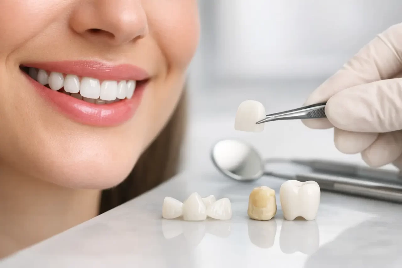 Una persona sorridente mostra denti bianchi mentre una mano guantata tiene una corona dentale con una pinzetta. Diverse corone dentali e strumenti sono disposti su una superficie bianca in primo piano.