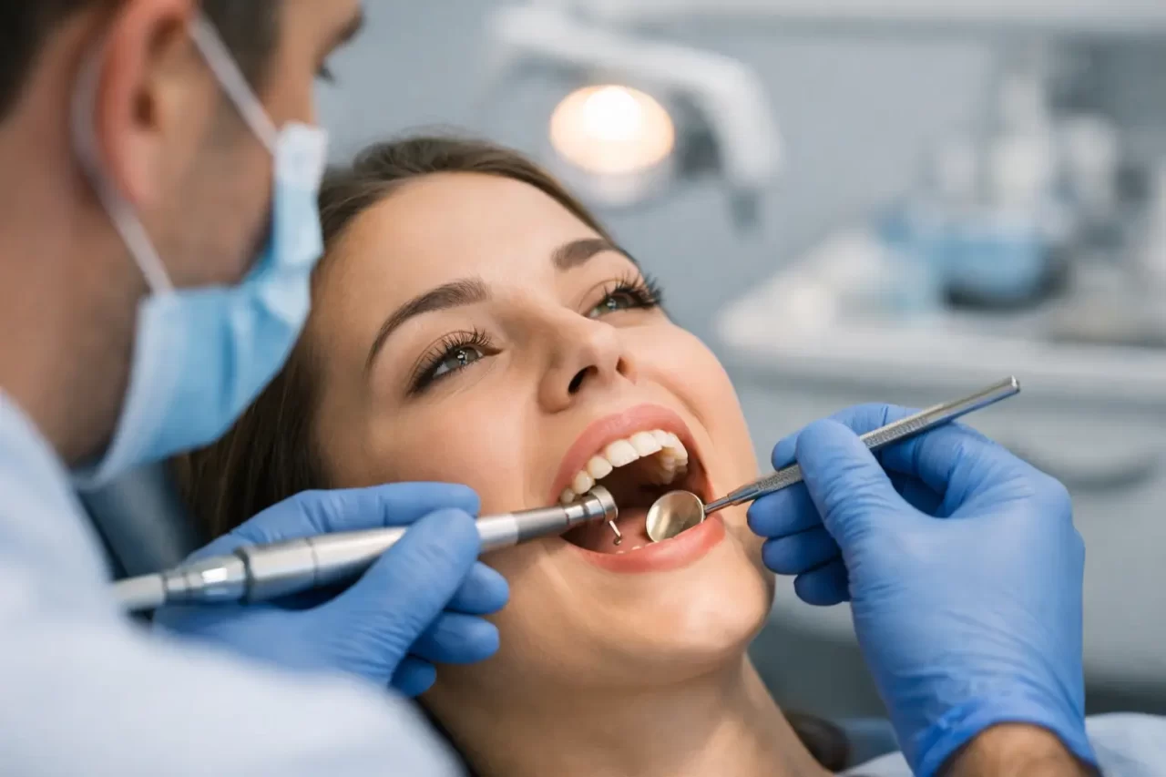 Un dentista che indossa guanti e mascherina usa gli strumenti odontoiatrici per esaminare e pulire i denti di un paziente sorridente in uno studio dentistico illuminato.