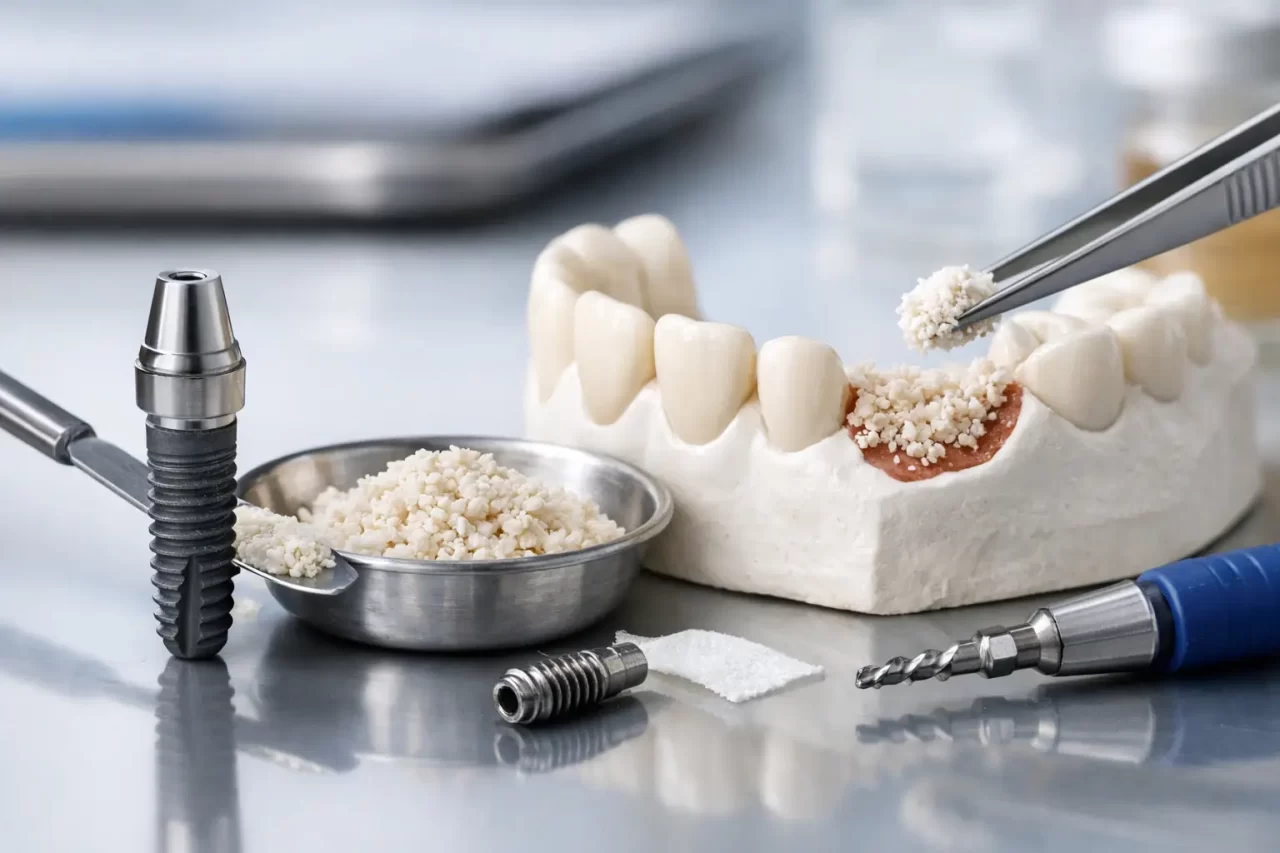 Un modello dentale con un dente mancante mostra il posizionamento del materiale per l'innesto osseo con una pinzetta. Gli impianti dentali, il materiale da innesto in un piatto di metallo e gli strumenti dentali sono disposti su una superficie metallica nelle vicinanze.