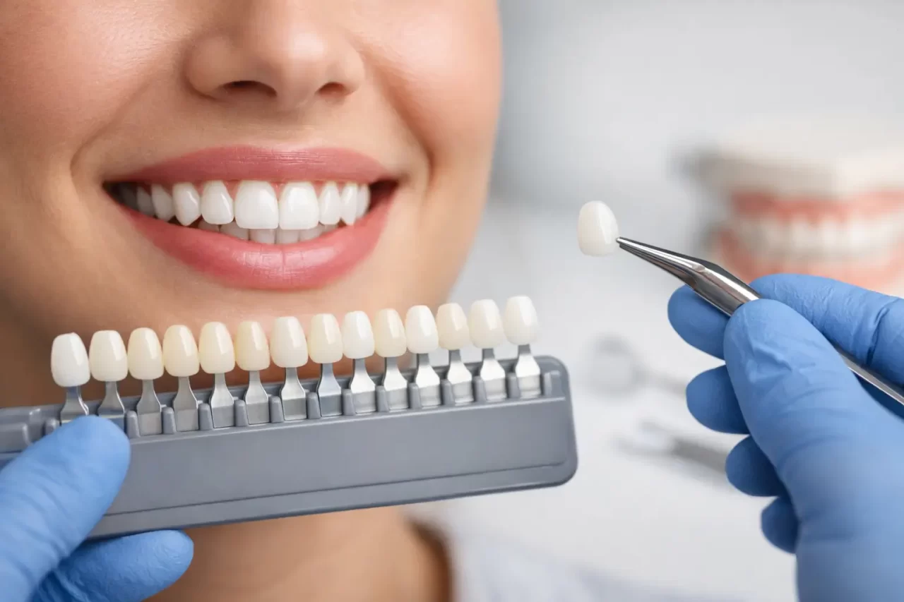 Primo piano dei denti di una donna sorridente con una guida ai colori dentali tenuta vicino alla bocca. Una mano guantata tiene una singola faccetta dentale con una pinzetta, mostrando le opzioni dell'odontoiatria estetica.