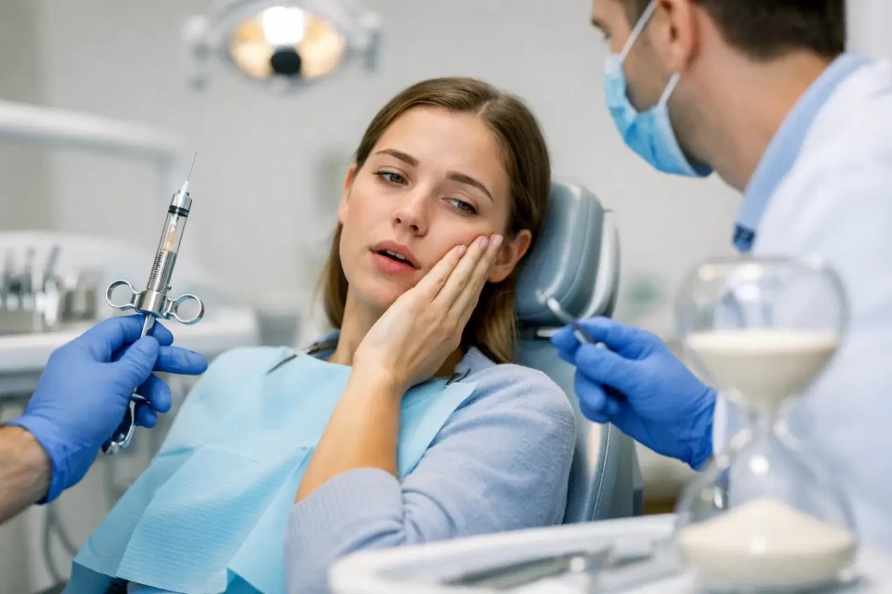 Una donna siede su una poltrona odontoiatrica, tenendosi la guancia per l'apparente dolore, mentre un dentista con guanti e mascherina le mostra una siringa e uno strumento dentale. In primo piano sono visibili una clessidra e un'attrezzatura odontoiatrica.