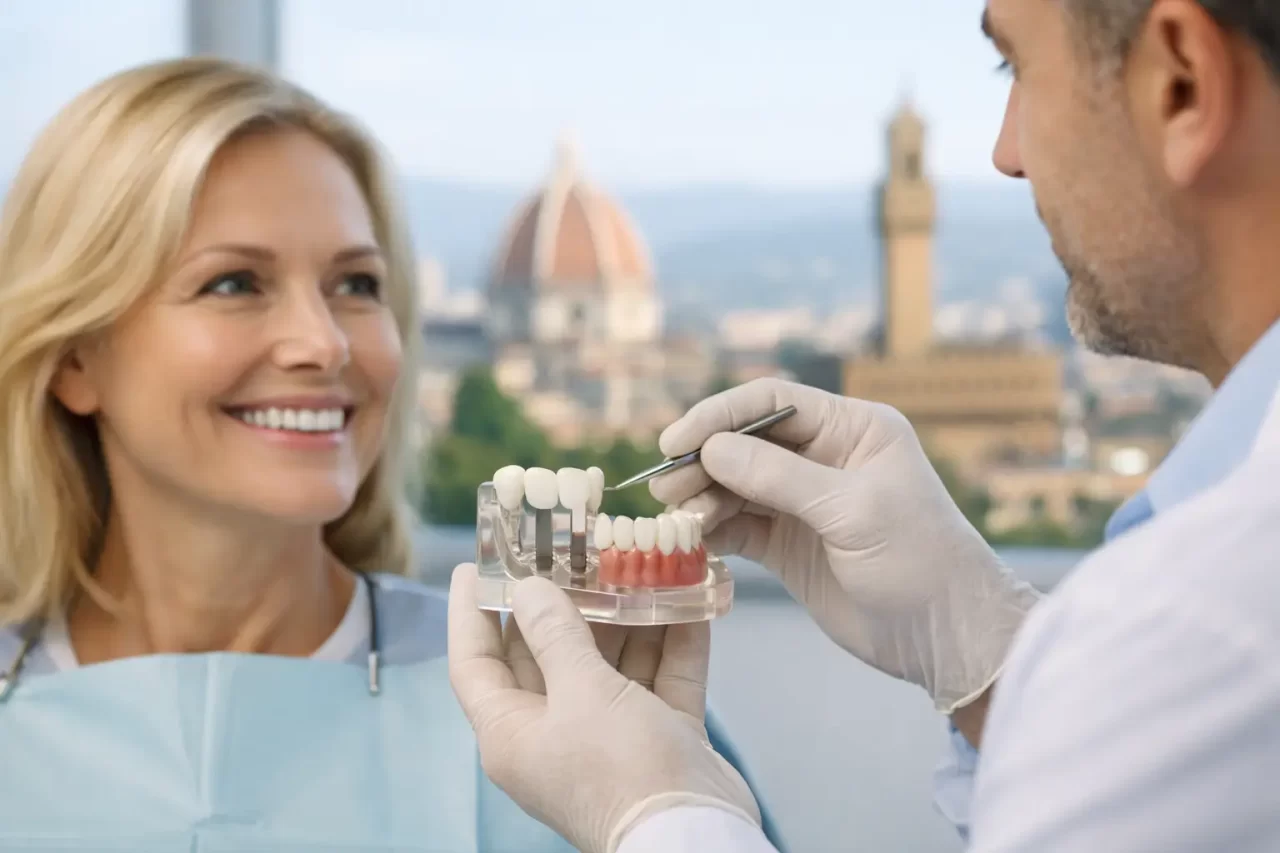 Un dentista con i guanti mostra un modello di impianto dentale a una donna sorridente in una clinica dentale, con un paesaggio urbano e un edificio a cupola visibili attraverso la finestra sullo sfondo.