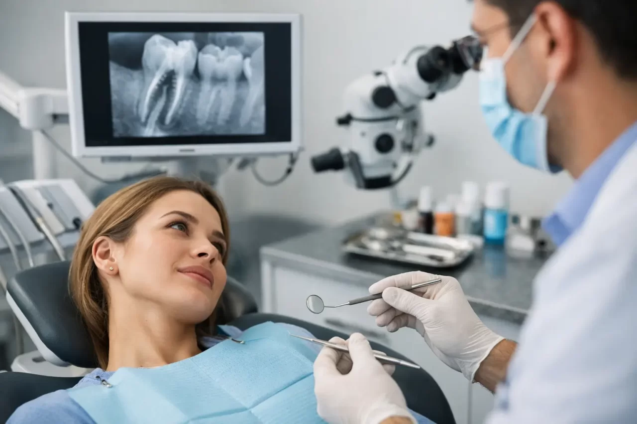 Un dentista con mascherina e guanti parla con una paziente su una poltrona odontoiatrica, tenendo in mano degli strumenti dentali. Sullo sfondo viene visualizzata una radiografia dei denti.