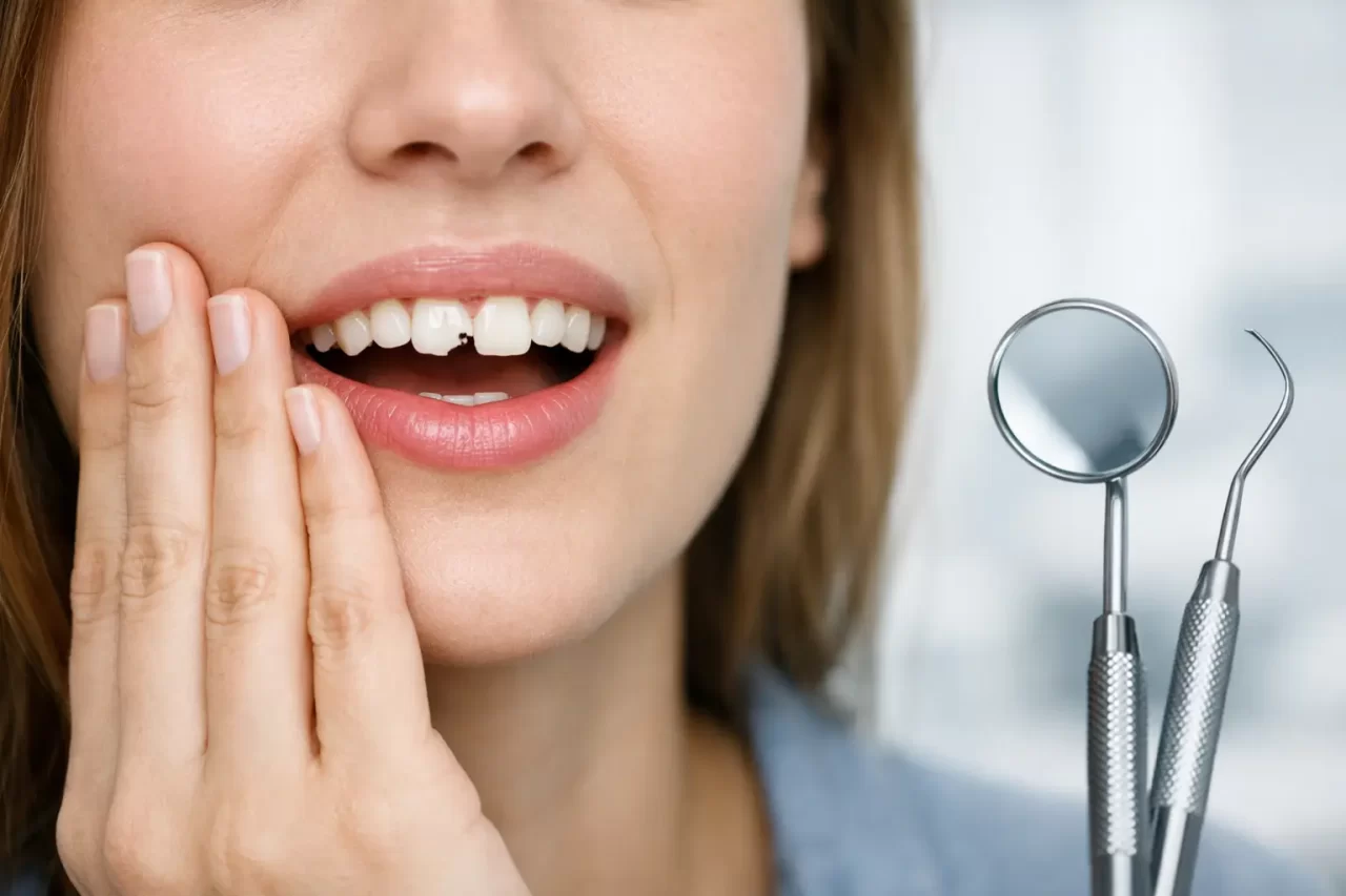 Una donna si tocca la guancia e rivela un dente anteriore scheggiato, con aria preoccupata. In primo piano, sul lato destro, sono visibili strumenti odontoiatrici, tra cui uno specchio e una sonda.