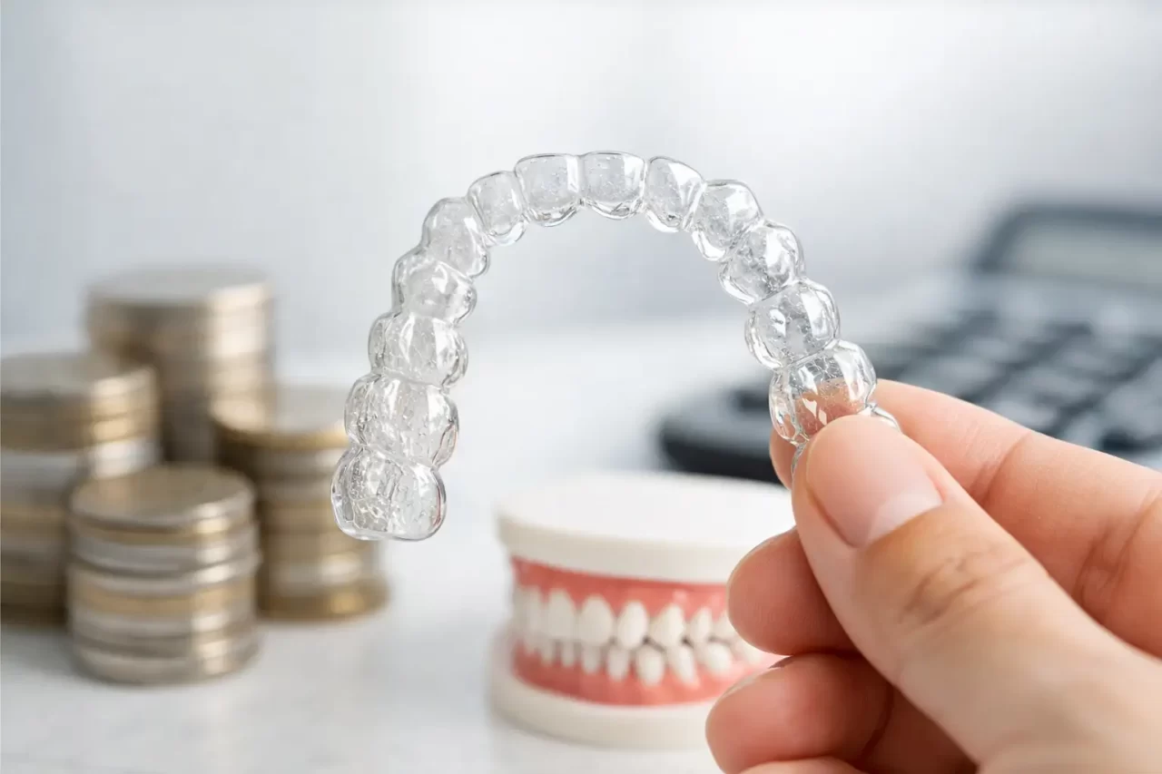 Una mano tiene un allineatore dentale trasparente davanti a un modello di denti, con pile di monete e una calcolatrice sfocate sullo sfondo.