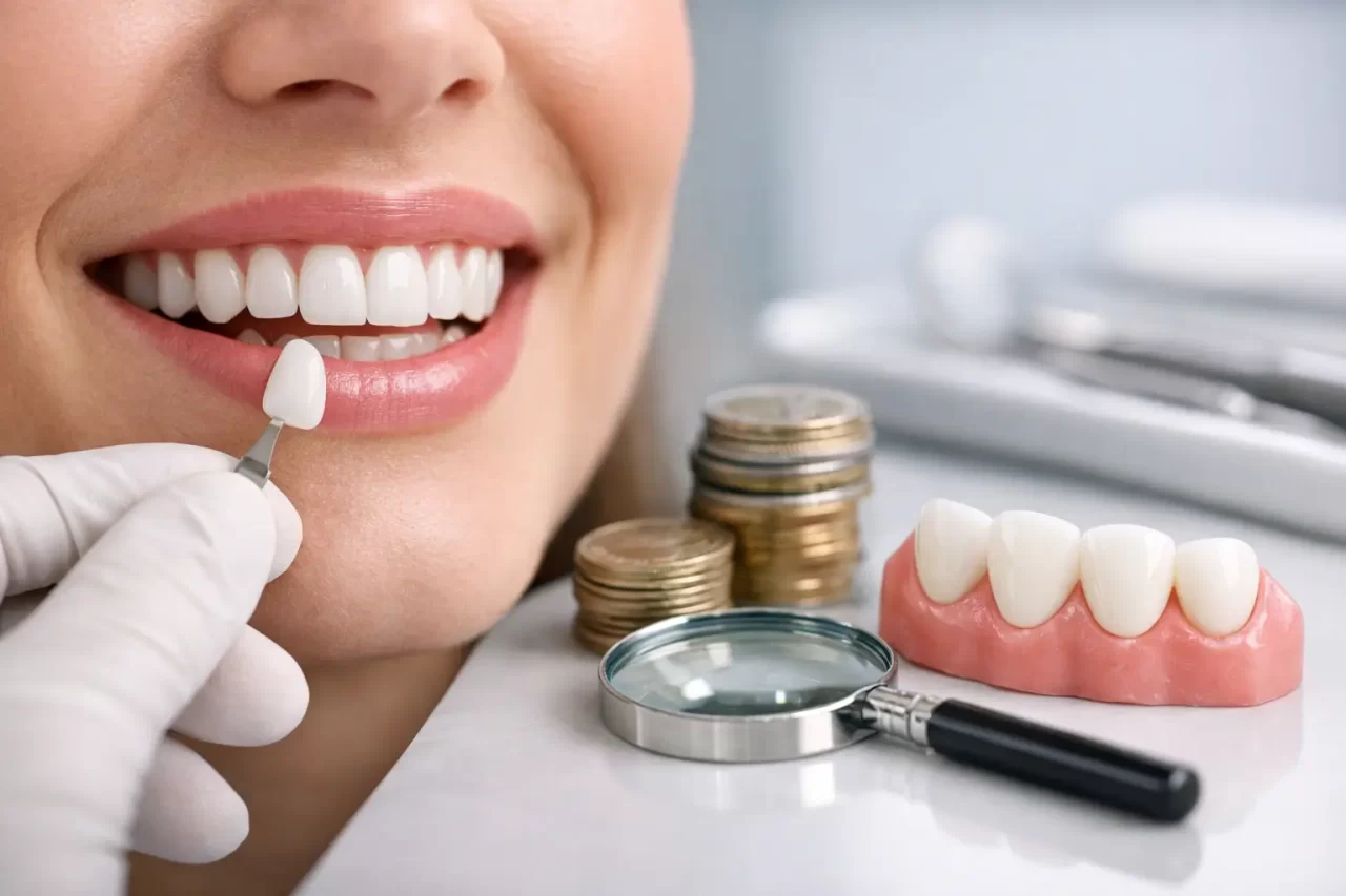 Una persona sorridente riceve una faccetta dentale tenuta da una mano guantata. Vicino ci sono strumenti dentali, un modello di denti, una lente d'ingrandimento e pile di monete, a suggerire le cure dentali e le considerazioni sui costi.