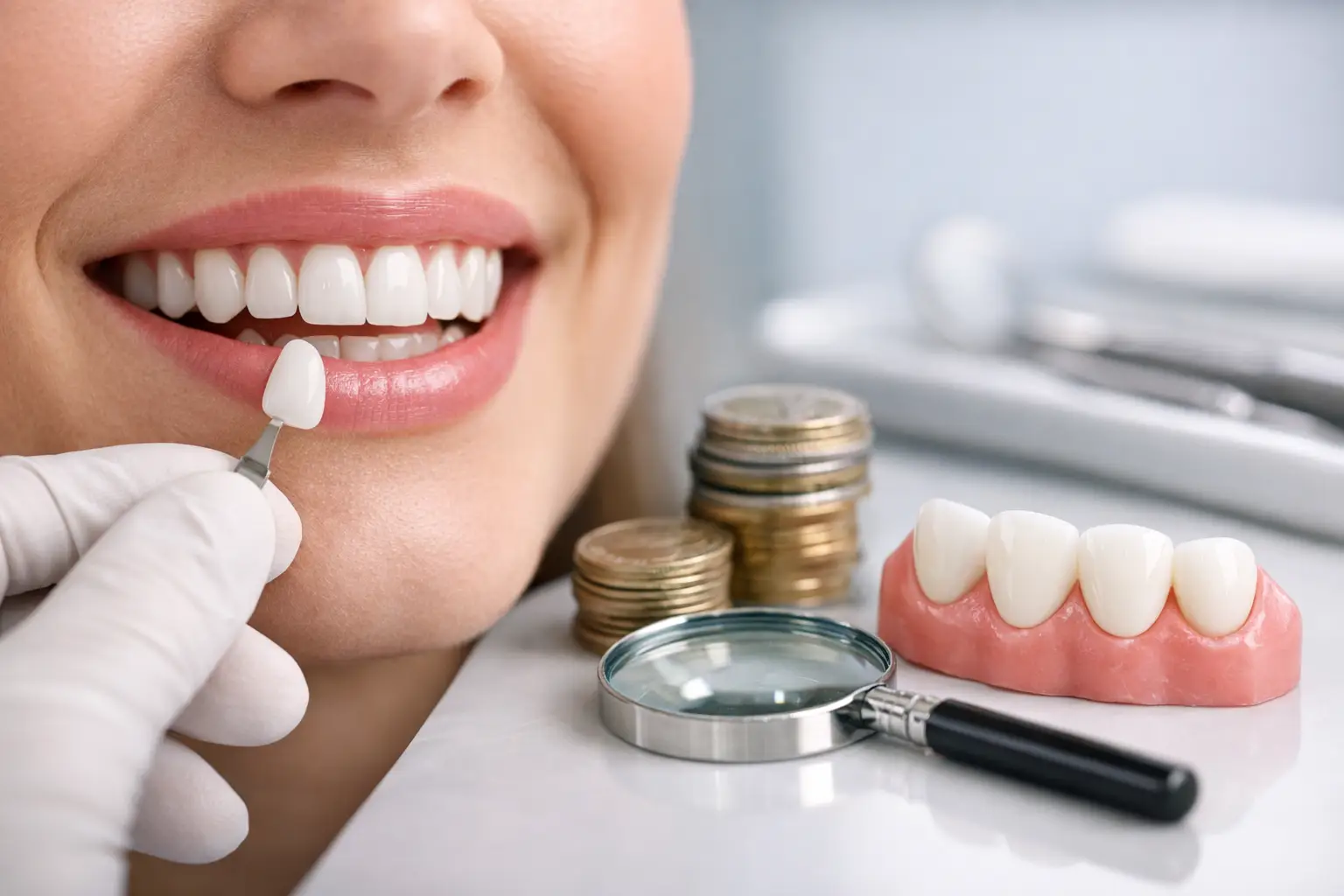Faccette dentali costo: cosa incide davvero Una persona sorridente riceve una faccetta dentale tenuta da una mano guantata. Vicino ci sono strumenti dentali, un modello di denti, una lente d'ingrandimento e pile di monete, a suggerire le cure dentali e le considerazioni sui costi.