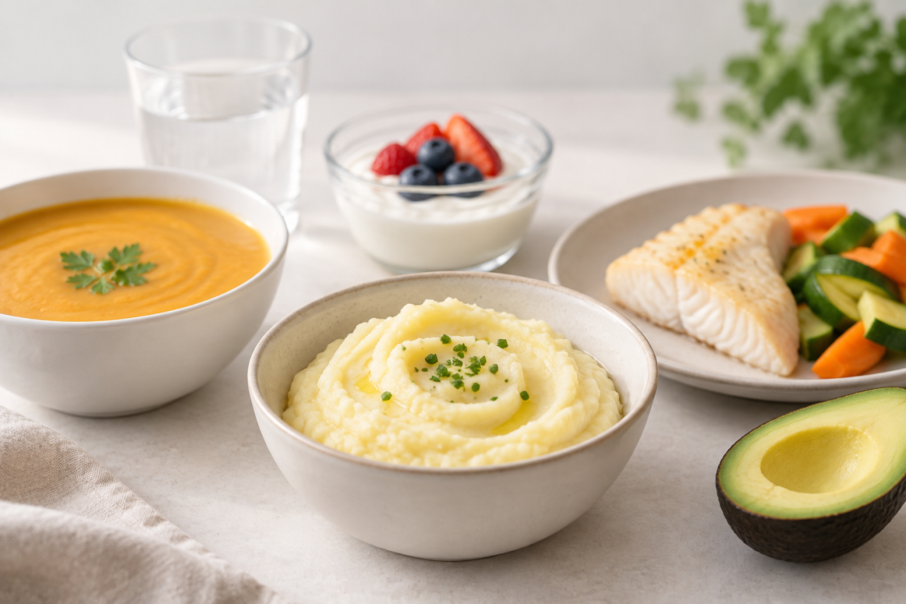 Un pasto a base di purè di patate, pesce alla griglia con verdure, zuppa cremosa, mezzo avocado, una ciotola di yogurt guarnita con frutti di bosco e un bicchiere d’acqua su un tavolino.